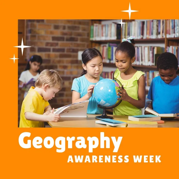 Image Geography Awareness Week Happy Diverse Pupils Globe Geography School — ストック写真