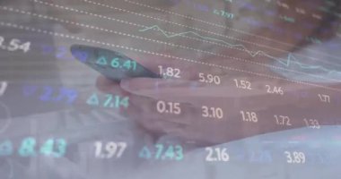 Animation of financial data processing over caucasian woman using smartphone. Global business, data processing and digital interface concept digitally generated video.