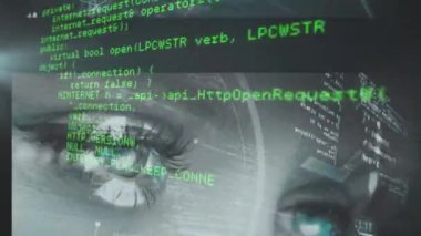 Siyah arkaplanda veri işleme animasyonu. Küresel teknoloji, bilgisayar ve dijital arayüz kavramı dijital olarak oluşturulmuş video.