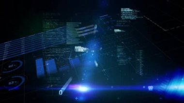Siyah arkaplanda veri işleme animasyonu. Küresel teknoloji, bilgisayar ve dijital arayüz kavramı dijital olarak oluşturulmuş video.