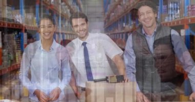Animation of statistical data processing over diverse male and female supervisor smiling. Logistics and business technology concept