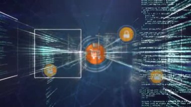 Animation of programming data in loop and moving lock and shopping cart icons connecting with lines. Digitally generated, e-commerce, online, cyber security, coding and technology.