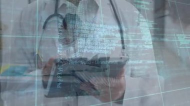 Animation of data processing over happy caucasian senior male doctor. Health, medicine and technology concept digitally generated video.