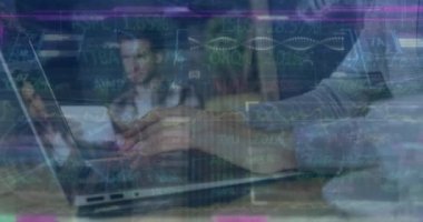 Animation of data processing and dna strand over caucasian woman using laptop. Global business, data processing and digital interface concept digitally generated video.