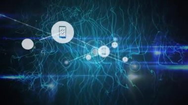 Animation of light trails and icons over blue background. Global business and digital interface concept digitally generated video.