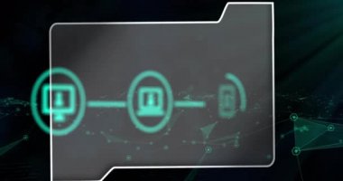 Animation of file icon with people media icons over networks of connections on black background. Global communication, business and technology concept digitally generated video.