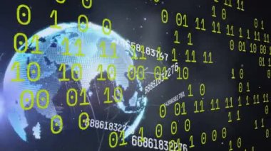 Animation of binary coding over globe on black background. Global business and digital interface concept digitally generated video.