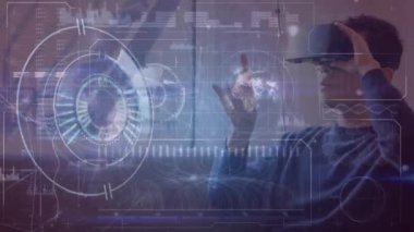 Animation of digital screen with data over caucasian man using vr headset. Global network, connections, data processing and digital interface concept digitally generated video.