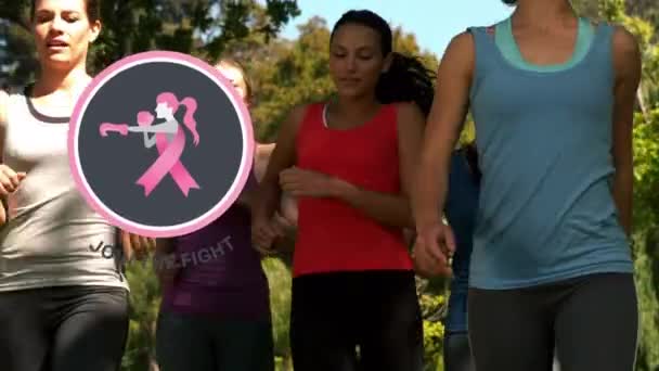 Animation Pink Cancer Ribbon Diverse Women Running Breast Cancer Awareness — Stockvideo