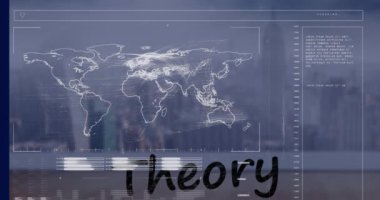 Animation of graphical infographic interface screen with map, programming data and theory text. Digitally generated, multiple exposure, coding, futuristic, technology, artificial intelligence.