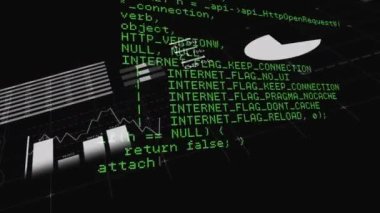 Siyah arkaplanda veri işleme animasyonu. Küresel teknoloji, bilgisayar ve dijital arayüz kavramı dijital olarak oluşturulmuş video.