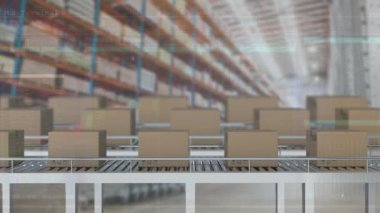 Animation of data processing over boxes on conveyor belt in warehouse. Global delivery and digital interface concept digitally generated video.