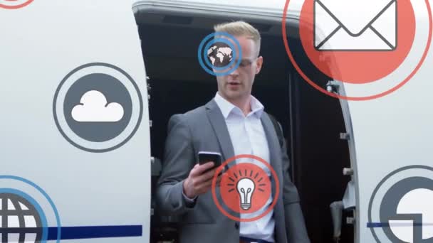 Multiple Digital Icons Caucasian Businessman Using Smartphone Standing Plane Social — Stockvideo