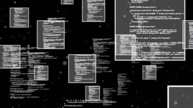 Karanlık arka planda veri işleme animasyonu. küresel bağlantılar, veri işleme ve dijital arayüz konsepti dijital olarak oluşturulmuş video.