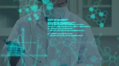 Animation of molecules and data processing over caucasian scientist in lab. global science, computing and digital interface concept digitally generated video.