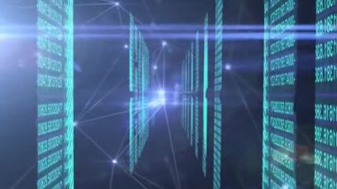 Animation of illuminated dots connected with lines moving amidst binary codes changing on bar graphs. Digitally generated, multiple exposure, data, technology, global network and communication.