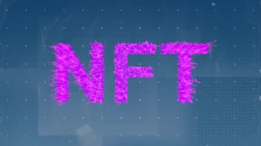 Animation of nft text on blue background. Global science, connections, data processing and digital interface concept digitally generated video.