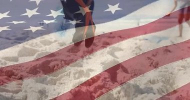 Composite video of american flag against group of diverse female volunteers cleaning the beach. environmental protection concept