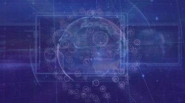 Animation of globe with icons over data processing on blue background. Global technology, computing and digital interface concept digitally generated video.