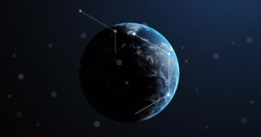 Animation of network of connections with glowing spots over globe on black background. Global technology, computing and digital interface concept digitally generated video.