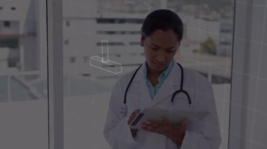 Çift ırklı kadın doktor üzerinde DNA ipliği. küresel bilim, tıp ve dijital arayüz kavramı dijital olarak üretilen video.