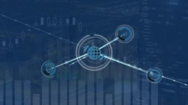 Animation of network of globe icons connecting with lines against bar graph. Digital composite, multiple exposure, connect the dots, telecommunication, marketing, cloud computing, social media, data.