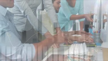 Animation of bar graph over asian colleagues discussing at computers in office. Digital composite, multiple exposure, business, service, teamwork, data, technology, development, finance.