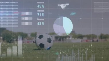 Animation of graphs and financial data over legs of male soccer player with ball on field. Sport, soccer, finance and economy concept digitally generated video.