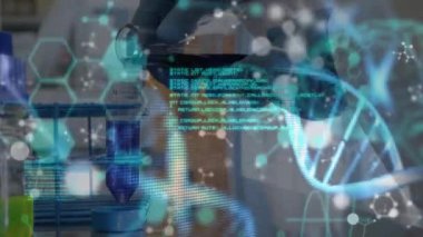Animation of dna strand and data processing over caucasian female scientist in lab. Global science, computing and digital interface concept digitally generated video.