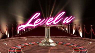 Animation of level up text over red carpet and roulette. Global social media and digital interface concept digitally generated video.