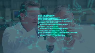 Animation of molecules and data processing over diverse scientists in lab. global science, computing and digital interface concept digitally generated video.