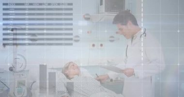 Beyaz erkek doktor ve kadın hasta üzerinde istatistik ve veri işleme animasyonu. Küresel tıp ve sağlık konsepti dijital olarak üretilen video.