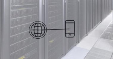 Animation of globe and smartphone icons over servers. Global network, connections, communication and technology concept digitally generated video.