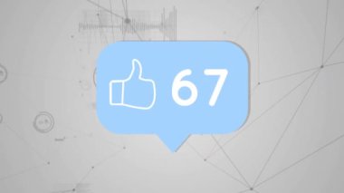 Animation of like icon with increasing numbers over network of connections against grey background. Social media networking and business technology concept