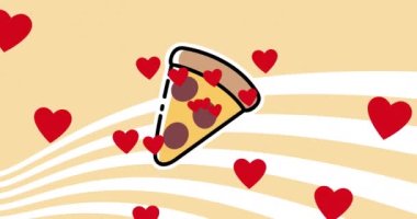 Multiple red heart and pizza slice icons against white stripes on pink background. national pizza day awareness concept