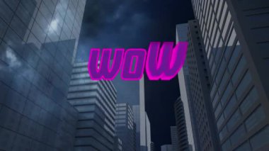 Animation of wow text over lightning and cityscape. Global social media and digital interface concept digitally generated video.