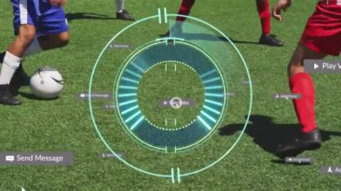 Animation of scope scanning and media icons over diverse male soccer players. Global business and digital interface concept digitally generated video.