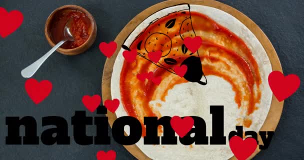 Multiple Red Heart Icons Floating National Pizza Day Text Banner — Vídeo de stock