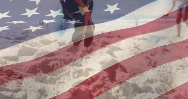 Composite Video American Flag Group Diverse Female Volunteers Cleaning Beach — Vídeo de Stock