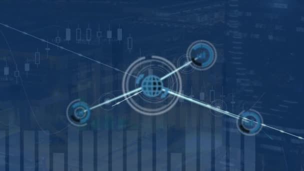 Animation Network Globe Icons Connecting Lines Bar Graph Digital Composite — 비디오