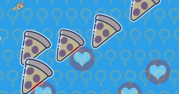 Multiple Red Heart Pizza Slice Icons Blue Background National Pizza — Wideo stockowe