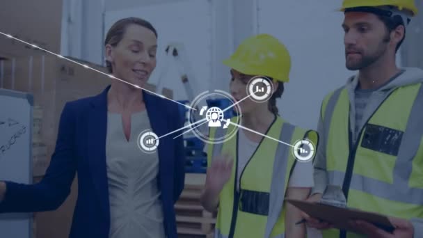 Animation Network Connections Icons Diverse Workers Warehouse Global Business Digital — Vídeo de stock