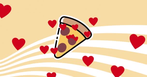 Multiple Red Heart Pizza Slice Icons White Stripes Pink Background — Wideo stockowe