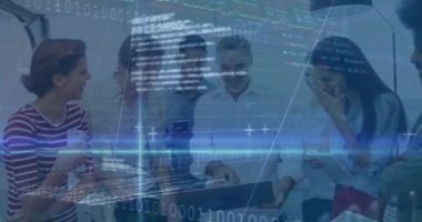 Animation of financial data processing over businesses people. global business, finances, data processing and digital interface concept digitally generated video.