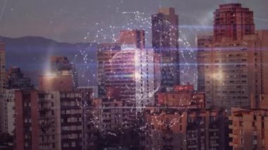Animation of globe of connections over cityscape. global connections, data processing and digital interface concept digitally generated video.