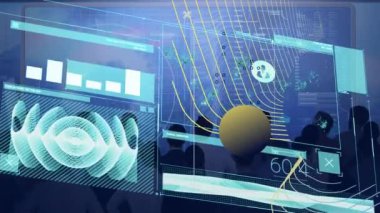 Animation of data processing and scope scanning over business people. global business, connections and communication concept digitally generated video.