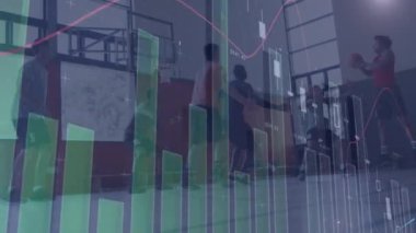 Animation of financial data processing over diverse basketball players and cityscape. global business, sport and data processing concept digitally generated video.