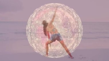 Animation of globe and connections over caucasian woman practicing yoga at sea. sports, healthy, active lifestyle, connections and technology concept digitally generated video.