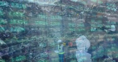 Animation of data processing over junkyard. Global science, connections, data processing and digital interface concept digitally generated video.