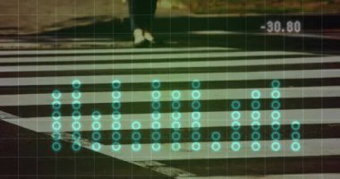 Animation of graphs over timelapse with zebra crossing. Global network, connections, communication, data processing, finance and technology concept digitally generated video.
